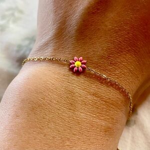 💛🩷 Daisy Single Gold Chain Delicate Bracelet with Pink Yellow Flower Portugal